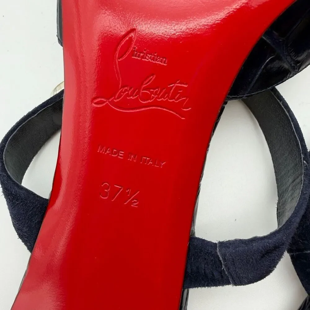 CHRISTIAN LOUBOUTIN Choc Lock Navy Blue Slide Size 37.5 US 7 Leather Heel Mule - Picture 12 of 13